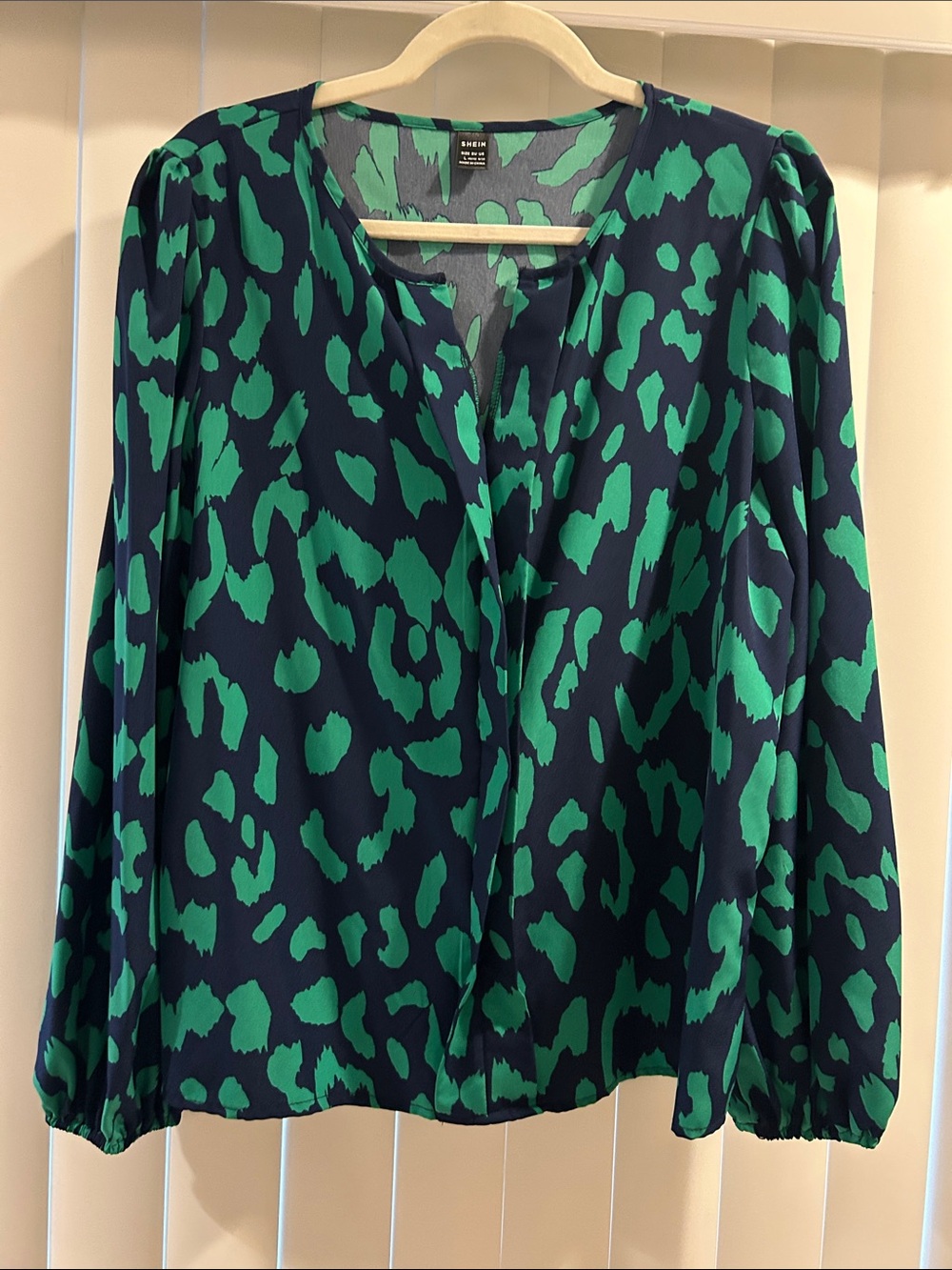 Navy and Green Abstract Print V-Neck Blouse